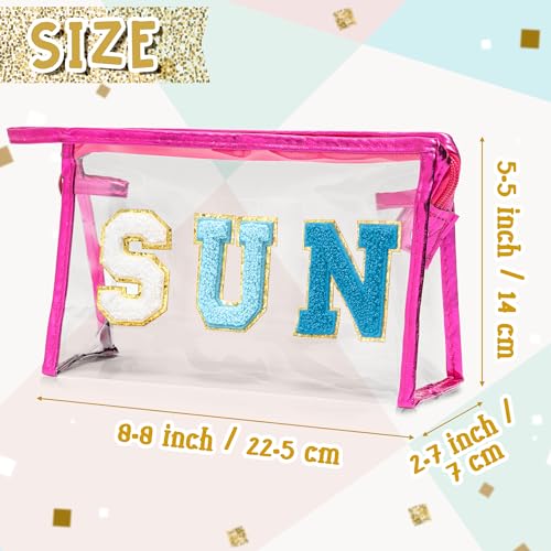 Y1tvei Clear SUN Makeup Bag - Preppy Blue SUN Chenille Varsity Letter Cosmetic Bag PVC Transparent Zipper Waterproof Beach Makeup Carry Pouch Portable Travel Toiletry Organizer for Women(Rose Red) - color: Blue SUN Rose Red