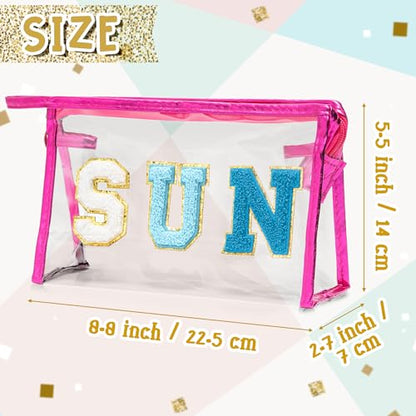 Y1tvei Clear SUN Makeup Bag - Preppy Blue SUN Chenille Varsity Letter Cosmetic Bag PVC Transparent Zipper Waterproof Beach Makeup Carry Pouch Portable Travel Toiletry Organizer for Women(Rose Red) - color: Blue SUN Rose Red