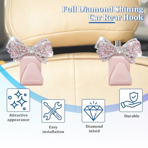2PCS Bling Bow Car Seat Headrest Hook, Lovely Crystal Rhinestone Back Seat Storage Organizer for Handbag Purse Coat, Girly Sparkling Diamond Backseat Bag Hanger Holder, Universal Fit (Pink) - color: Pink