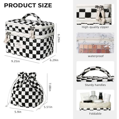 Gosect Makeup Bag, Quilted Cosmetic Bag Set, Drawstring Makeup Bag with Canvas Lining, Large Floral Toiletry Bag for Women Girls, Cute Cotton Flower Travel Organizer Bag (Checkered Pattern - color: Checkered Pattern
