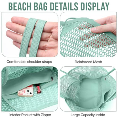 KPX Beach Bag with Mini Pocket, Summer Beach Tote Bags for Women Large Foldable Mesh Swimming Pool Travel Bags - Sandproof - color: Ash Green
