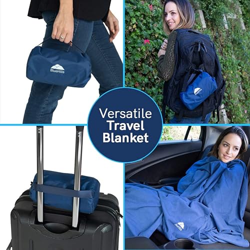 BlueHills Ultra Compact Travel Blanket Pillow in Portable Bag Case with Hand Luggage Belt & Backpack Clip Premium Cozy Soft Compact Pack Large Blanket for Airplane Flight Layover - Navy Blue C001 - color: C001-navy