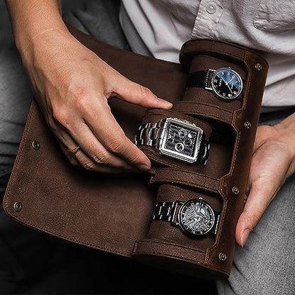 Personalized Custom Name Watch Case Roll Organizer, Luxury Genuine Leather Travel 3-Watches Case For Watch and Bracelet (05 Coffee) - color: 05 Coffee