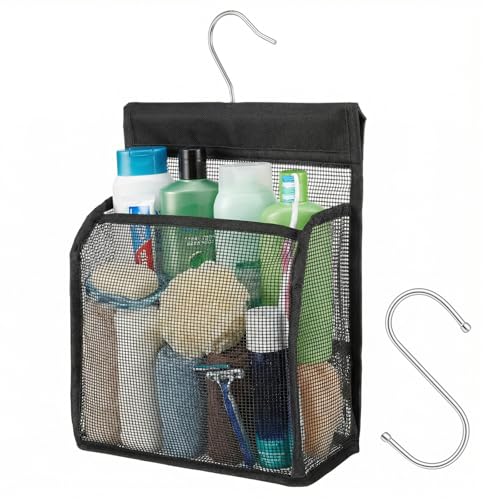 Mesh Shower Caddy Hanging, Black Organizer Bathroom Storage Bag with Hooks, Transparent Rotating Hanging Mesh Bath Baskets for College Dorm, Gym, Swimming, RV Travel, Elderly