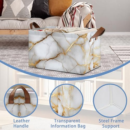 White Gold Marble Storage Baskets,Foldable Large Capacity Organizer Bins with Waterproof Lining and Leather Handles for Closet,Shelf,Bedroom 17x11.5x10Inch - color: White Gold Marble