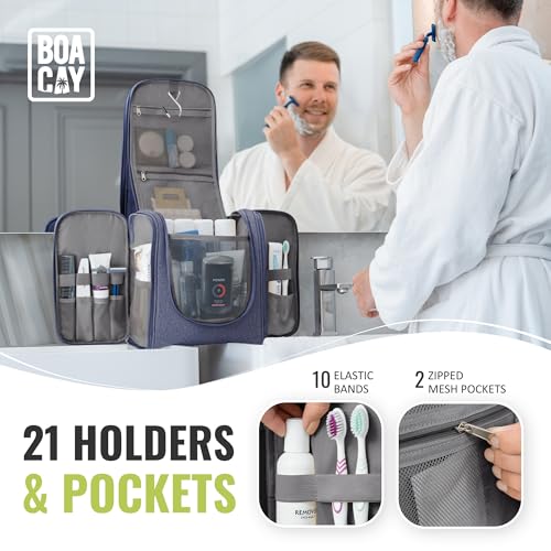 BOACAY Extra Large Hanging Travel Toiletry Bag for Women and Men, Makeup Bag, Bathroom & Shower Organizer Kit for Accessories, Cosmetics, Essentials - color: (X-Large) Violet Blue - Gray Interior
