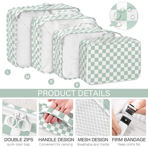 KPX 8 Set Packing Cubes for Travel, Luggage Packing Organizers Accessories Large Toiletries Bag for Clothes Shoes Cosmetics (8Set-Green Checkered) - color: 8Set-Green Checkered