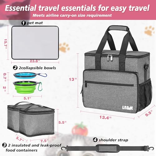 5 Set Dog Travel Bag for Supplies, Dog Lovers, Large Pet Travel Kit Includes 2 Food Containers&2 Collapsible Bowls、Placemats,Grey - color: Wavellite Gray