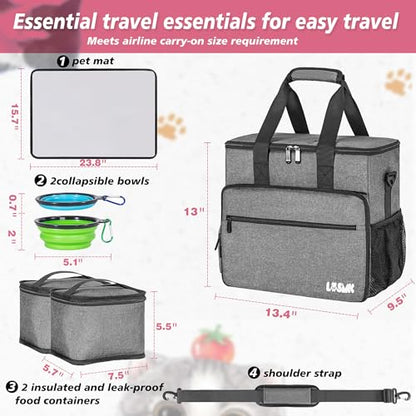 5 Set Dog Travel Bag for Supplies, Dog Lovers, Large Pet Travel Kit Includes 2 Food Containers&2 Collapsible Bowls、Placemats,Grey - color: Wavellite Gray