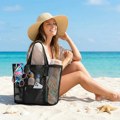 Dntorx Women's Mesh Beach Bag, Stylish Beach Tote for Swimming, Travel & Vacation Essentials, Lightweight Design for Poolside - color: Black