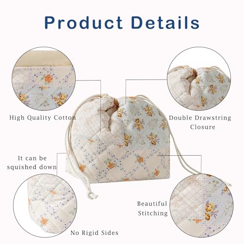Cotton Quilted Drawstring Makeup Bag with Canvas Lining,Coquette Aesthetic Cute Travel Toiletry Bag,Drawstring Gift Bag for Women and Girls（08Pink Flower） - color: 08Pink Flower