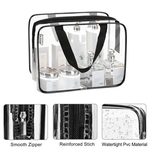 APREUTY Clear Makeup Bags, TSA Approved 3 Pcs Large Cosmetic Makeup Bags Set Clear PVC with Zipper Handle Portable Travel Luggage Pouch Airport Airline Vacation Organization (Black) - color: Black-3PCS (Large)