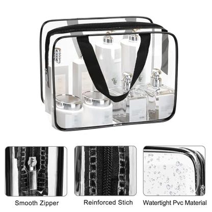 APREUTY Clear Makeup Bags, TSA Approved 3 Pcs Large Cosmetic Makeup Bags Set Clear PVC with Zipper Handle Portable Travel Luggage Pouch Airport Airline Vacation Organization (Black) - color: Black-3PCS (Large)