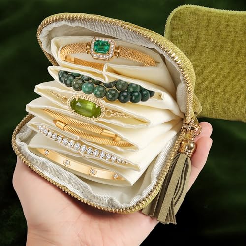LOTOFUN Jewelry Organizer Case for Travel: 5-Layer Velvet Zipper Pouch Bag for Bangles Link Bracelets Storage Protect from Tangle Scratch (Moss Green) - color: Moss Green