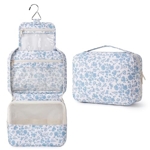 Narwey Small Hanging Travel Toiletry Bag for Women, Travel Bag for Toiletries, Makeup Bag Organizer Cosmetic Bags Make Up Bags for Girls - color: Y-Blue Flower