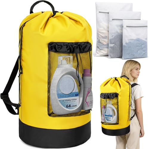 150L Laundry Bag Backpack with 3 Sizes Mesh Wash Bags and Shoulder Straps Foldable Clothes Hamper Bag with Drawstring Closure for College, Apartment, Laundromat(Yellow) - color: Yellow