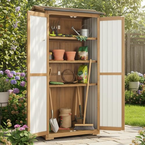 Storage Cabinet Outdoor Garage Cabinets with 3 Adjustable Shelves, Lockable Door, Wood & Metal Weather-Resistant Pantry Cabinet for Patio Garden Home Farm (33.3" Lx 21" Wx 69" H) - size: 33.3" Lx 21"Wx 69"H