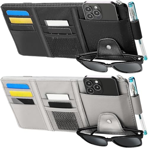 Boao 2 Packs Car Sun Visor Organizer, Sunglasses Holders for Car Sun Visor PU Auto Interior Accessories Storage Travel Document Holder with Multi Pocket (Black, Gray, 12.2 x 6.1 Inches) - color: Black,Gray, size: 12.2 x 6.1 Inches