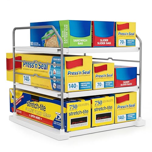 EVERIE Extendable 3-Tier Kitchen Cabinet & Pantry Organizer for Plastic Wrap, Foil & Storage Bags, Adjustable Heavy Duty Shelf Rack for Wrap Boxes, Jars & Snack Boxes (11–16.7 in Wide), Pack of 2 - color: Pack of 2