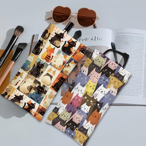 Eyeglasses Sunglasses Case PU Soft Squeeze Top Glasses Pouch for Women Men,Animal Pattern Portable Anti Scratch - color: Beige-cat