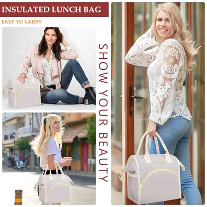 LOKASS Lunch Bag Women Insulated Lunch Box Wide-Open Lunch Tote Bag Large Cooler Bag for Work Picnic Hiking Beach（Light Gray） - color: Cream Gray