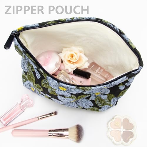 PAZIMIIK Makeup Bag Large Cotton Zipper Pouch for Purse Travel Canvas Make Up Organizer for Women Cosmetic,Brocade Flower Black - color: Brocade Flower Black