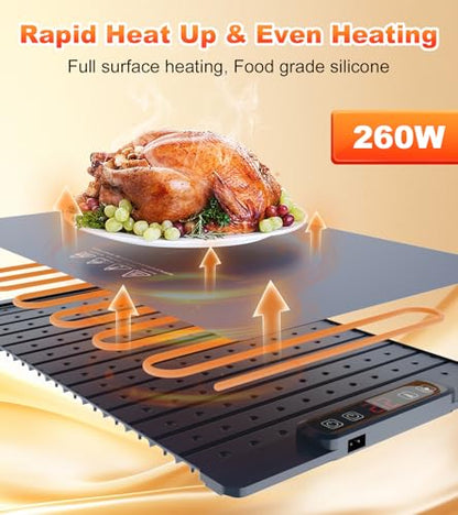10s Rapid Heating Food Warming Mat, 5 Temperature Settings Silicone Electric Heating Tray with 1-4H Timer & Child Lock, Foldable Portable Food Warmer for Family Gatherings/Camping/Baking, Dark Blue