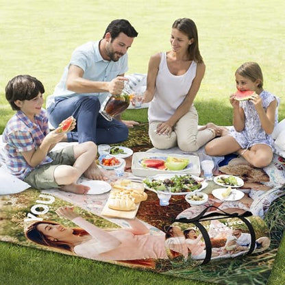 Personalized Waterproof Sandproof Beach Blanket 80''x80'', 3-Layer Foldable Picnic Blanket with Carry Strap, Camping Travel Outdoor Mat for Beach Park Hiking (Custom Text Photo) - color: Custom Text Photo