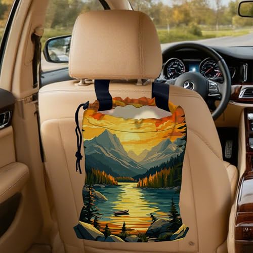 Lake in Mountains Car Garbage Bag, Small Car Trash Bag Hanging,Drawstring Car Garbage Bag with Adjustable Buckle for Car Back Seat,SUVs,Camping,Road Trips - color: Lake in Mountains