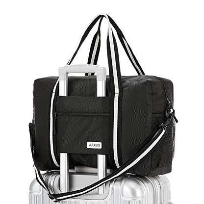 Arxus Foldable Tote Bag for Travel Expandable Lightweight Carry On Luggage 22L Packable Duffle Bag for Traveling - color: Black
