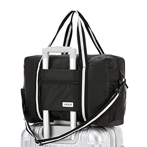 Arxus Foldable Tote Bag for Travel Expandable Lightweight Carry On Luggage 22L Packable Duffle Bag for Traveling - color: Black