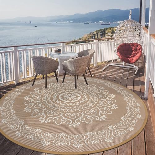 Pauwer Waterproof Outdoor Rug 6ft, Reversible Plastic Straw Patio Camping Rug, Indoor Outdoor RV Mat Carpet for Deck, Camper, Porch, Balcony, Backyard, Picnic, Floral Brown - color: Floral Brown, size: 6' (Round)