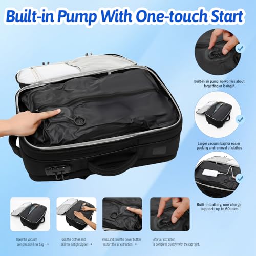 Vacuum Seal Travel Backpack W/Pump Built-in - 65L Water-Resistant Carry-On Vacuum Backpack Travel Bag Expandable Air Compression System with TSA Lock Fits19 Laptop (Black) - size: 65L