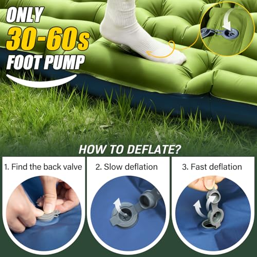 Yuzonc Double Sleeping Pad - Self Inflating 4" Extra-Thick for 2 Person with Pillow Built-in Foot Pump Inflatable Sleeping Mat for Backpacking, Hiking, Traveling, Tent, Portable Camping Mat - color: Green