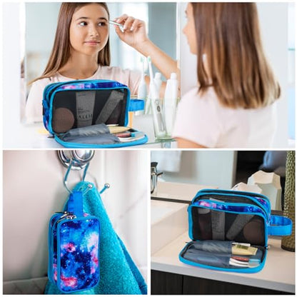 Galaxy Toiletry Bag for Girls, Travel Toiletry Bag for Teen Girls Cosmetic Bag Makeup Bag Waterproof Hanging Wash Bag Toiletries, Blue - color: Galaxy-Blue