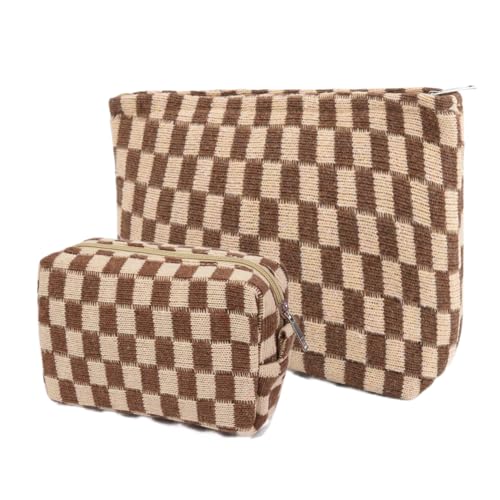 2Pcs Makeup Bag for Women Cosmetic Bag Set Travel Toiletry Bag Makeup Pouch Cute Makeup Bag for Purse Zipper Storage Bag Brushes Aesthetic Accessories Girls Car Essentials (Brown) - color: Brown