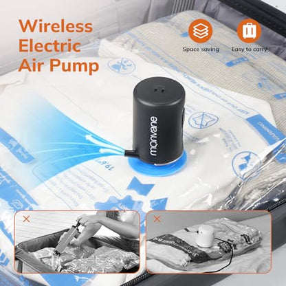 MONVANE Vacuum Storage Bag Set with Cordless Electric Air Pump, 8 Pack(45 * 35cm) Double Zip Seal Space Saver Bag, Vacuum Sealer Bags for Travel and Outdoor Storage