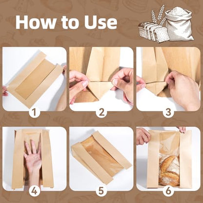 Funcoo 100 Pcs Paper Bread Bags for Homemade Sourdough Bread Bakery Storage Bags with Window, Large Thicker Bakery Loaf Bags for Baked Goods Packaging, Label Seal Sticker Included