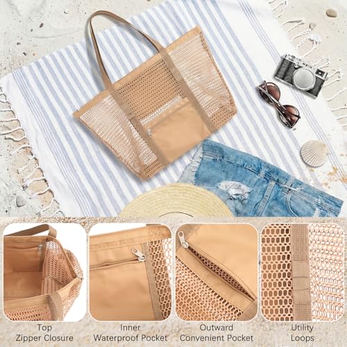 Dntorx Women's Mesh Beach Bag, Stylish Beach Tote for Swimming, Travel & Vacation Essentials, Lightweight Design for Poolside - color: Khaki