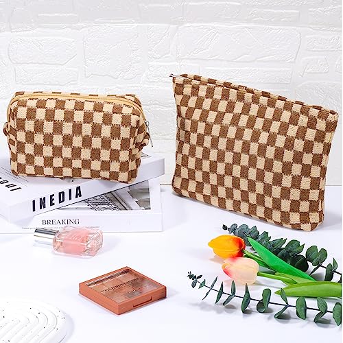 ZLFSRQ 2Pcs Checkered Makeup Bag for Women Large Small Checkered Cosmetic Bag Set Aesthetic Preppy Pencil Case Cute Pencil Pouch Brown Makeup Pouch for Purse Travel Toiletry Bags Zipper Skincare Bags - color: B-Checkered 2Pcs Mix Brown
