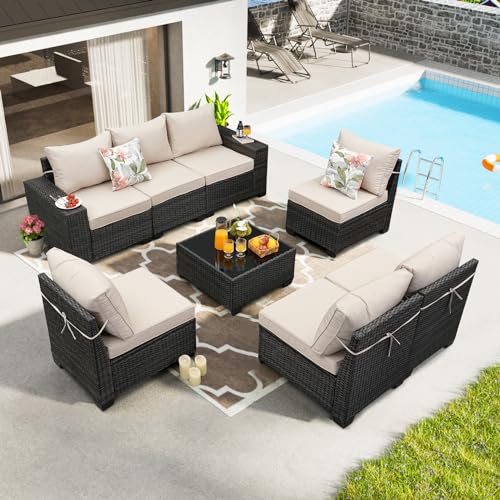 JOYURE 8 Pieces Patio Furniture Set All-Weather Outdoor Wicker Sectional Conversation Sofa Rattan Patio Seating Sofa with Cushion and Glass Table for Porch Poolside,Beige - color: Beige, size: 8 pieces set