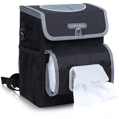 Farasla All-in-One Car Trash Can, Garbage Bag for Car with Removable Leakproof Interior Liner, Adjustable Tissue Holder & Straps(Black)