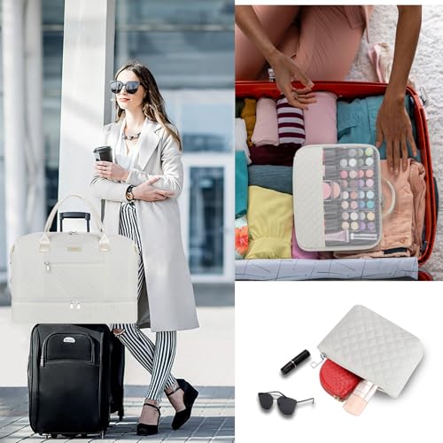 ITIEZY Weekender Overnight Bag for Women - Large Travel Duffel Bag with Shoe Compartment, Gym Duffel Bag Hospital Bag Carry On Tote Bags for Airplanes with Crossbody Bag Toiletry Bag 3Pcs Set - color: 9A-Off White