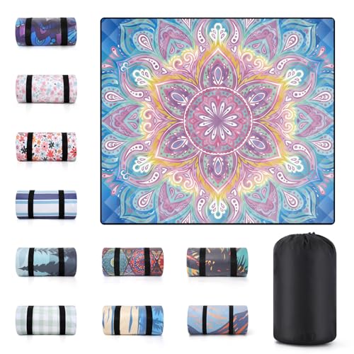 60x80 Waterproof Picnic Blankets Outdoor Oversized Sand Free Beach Blanket Portable Couples Yoga Meditation Mat Lawn Patio Concert Necessities Summer Vacation Garden Camping Essentials Gifts - color: Blue and Pink Mandala, size: 6'8" x 5' (Rectangular)