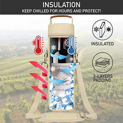opux Wine Bag Single Bottle Carrier Tote, Insulated Wine Cooler Bag for Travel Picnic Beach with Shoulder Strap, Thermal One Bottle Holder Carrying Case Wine Gift for Women Men, Beige Cream - color: Cream Beige