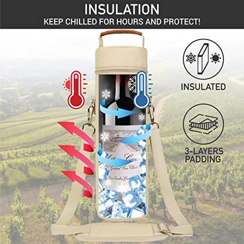 opux Wine Bag Single Bottle Carrier Tote, Insulated Wine Cooler Bag for Travel Picnic Beach with Shoulder Strap, Thermal One Bottle Holder Carrying Case Wine Gift for Women Men, Beige Cream - color: Cream Beige