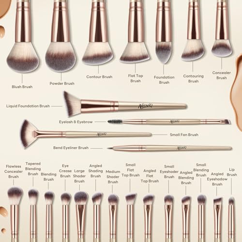 25PCS Makeup Brushes Set with Travel Case, Professional Makeup Brush Kit for Foundation, Concealer, Powder, Eyeshadow & Blush, Essential Cosmetic Tools, Portable Travel Gift Set (Gold) - color: 25 PCS-Champagne Gold
