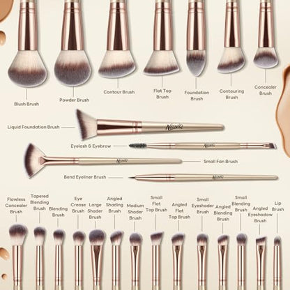 25PCS Makeup Brushes Set with Travel Case, Professional Makeup Brush Kit for Foundation, Concealer, Powder, Eyeshadow & Blush, Essential Cosmetic Tools, Portable Travel Gift Set (Gold) - color: 25 PCS-Champagne Gold