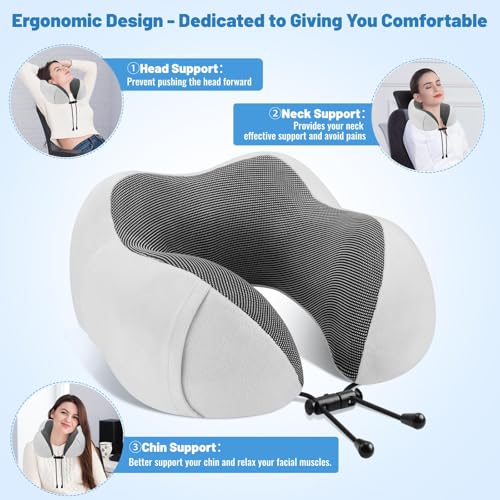 CloudBliss Travel Pillow for Plane, Memory Foam Neck Pillow for Traveling, Airplane Pillow with Eye Mask, Earplugs, Storage Bag, Compact Neck Pillow for Long Flight Sleep, Travel Essentials Light Grey - color: Light Grey