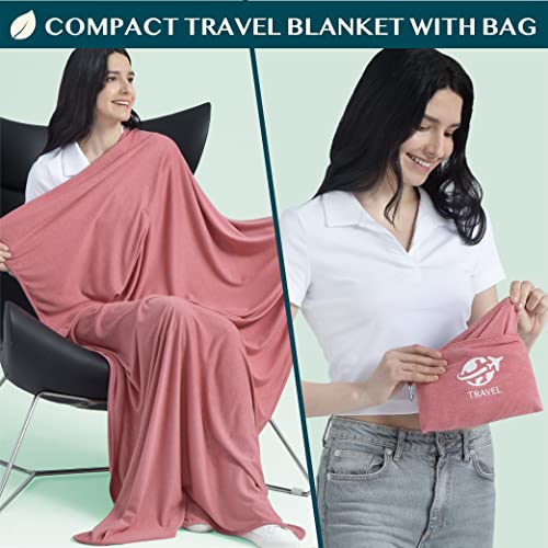 PAVILIA Soft Travel Blanket, Compact Airplane Blanket in Bag, Portable Blanket Pillow Set, Lightweight and Packable Plane Flight Car Trips Travel Home Office Gift Accessories, Pink, 65x40 inches - color: Pink
